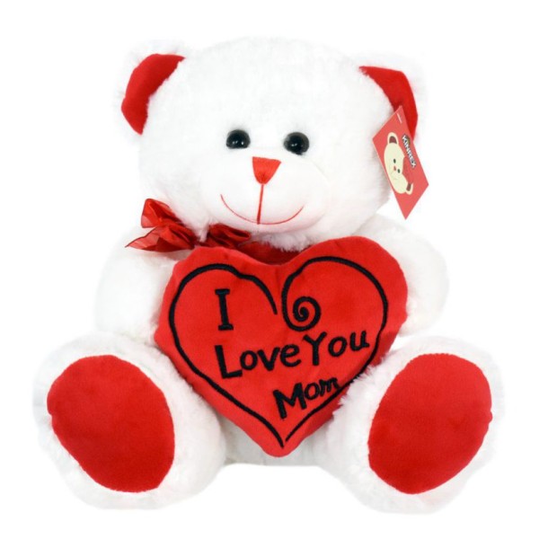 White and Red Teddy Bear holding I Love You MOM heart Plush Soft Toy